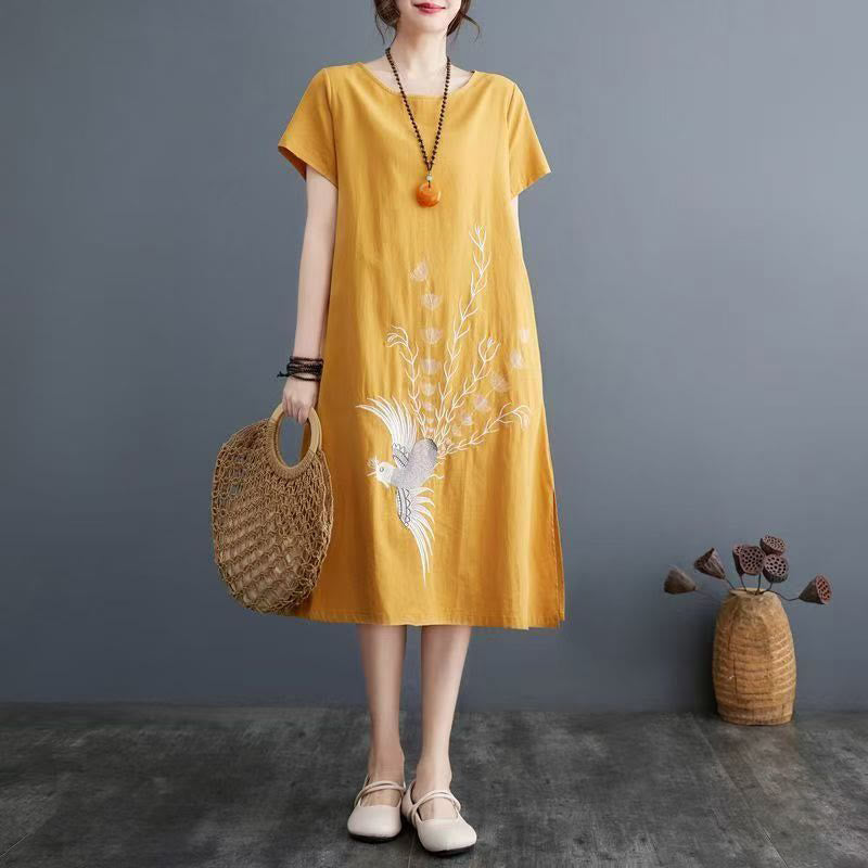 Letnia sukienka midi z krótkim rękawem i nadrukiem w Buddha Stones z motywem feniksa - Złoto - US14, UK/AU18, EU46 (4XL) - image 8