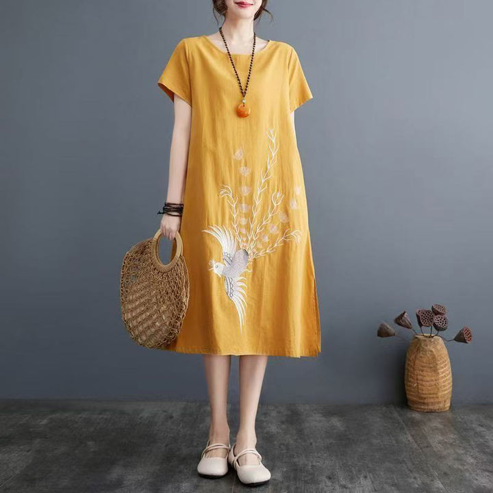 Letnia sukienka midi z krótkim rękawem i nadrukiem w Buddha Stones z motywem feniksa - Złoto - US14, UK/AU18, EU46 (4XL) - image 8