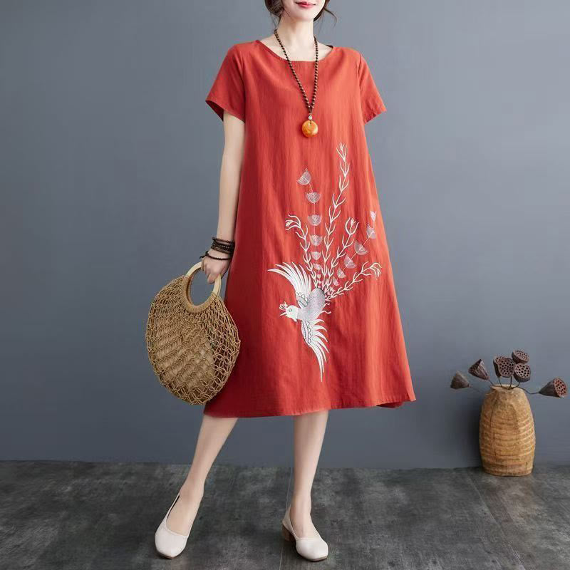Letnia sukienka midi z krótkim rękawem i nadrukiem w Buddha Stones z motywem feniksa - Pomarańczowo-czerwony - US14, UK/AU18, EU46 (4XL) - image 0