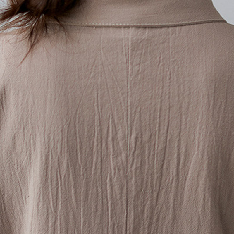 Sukienka midi z bawełny i lnu Buddha Stones, prosta, z krótkim rękawem i sznurowaniem po bokach, z klapami i kieszeniami - image 7