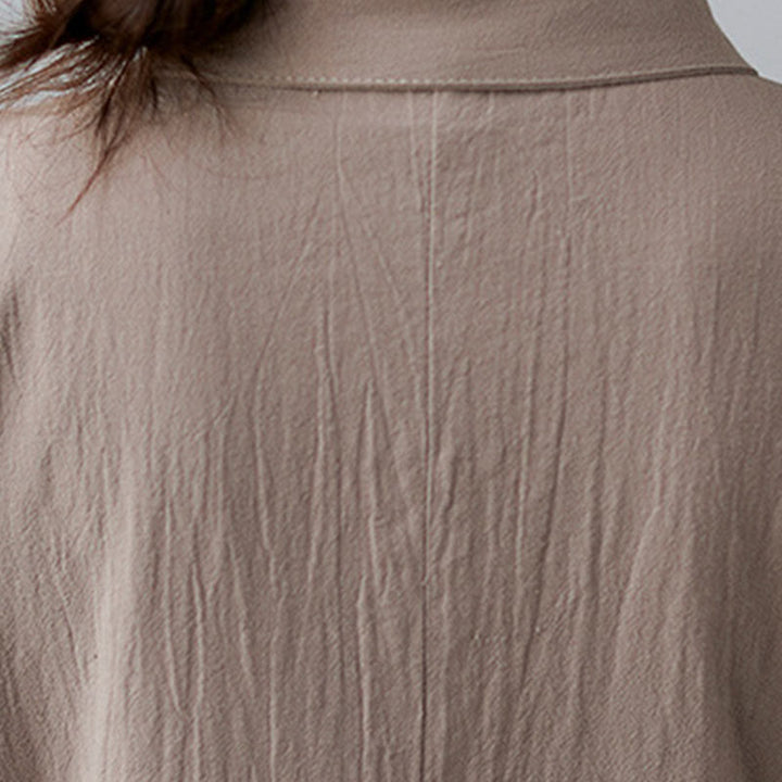 Sukienka midi z bawełny i lnu Buddha Stones, prosta, z krótkim rękawem i sznurowaniem po bokach, z klapami i kieszeniami - image 7