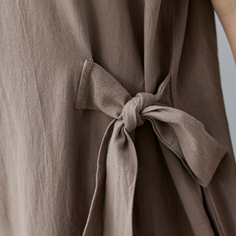 Sukienka midi z bawełny i lnu Buddha Stones, prosta, z krótkim rękawem i sznurowaniem po bokach, z klapami i kieszeniami - image 9