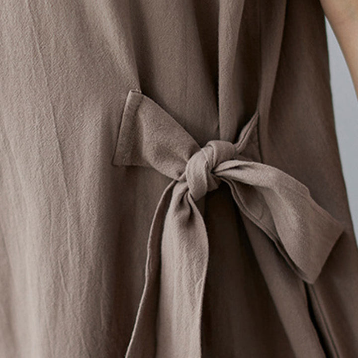 Sukienka midi z bawełny i lnu Buddha Stones, prosta, z krótkim rękawem i sznurowaniem po bokach, z klapami i kieszeniami - image 9