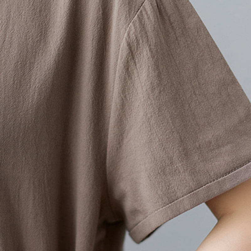 Sukienka midi z bawełny i lnu Buddha Stones, prosta, z krótkim rękawem i sznurowaniem po bokach, z klapami i kieszeniami - image 8