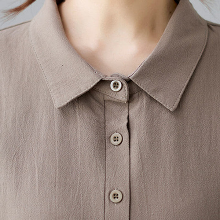 Sukienka midi z bawełny i lnu Buddha Stones, prosta, z krótkim rękawem i sznurowaniem po bokach, z klapami i kieszeniami - image 6