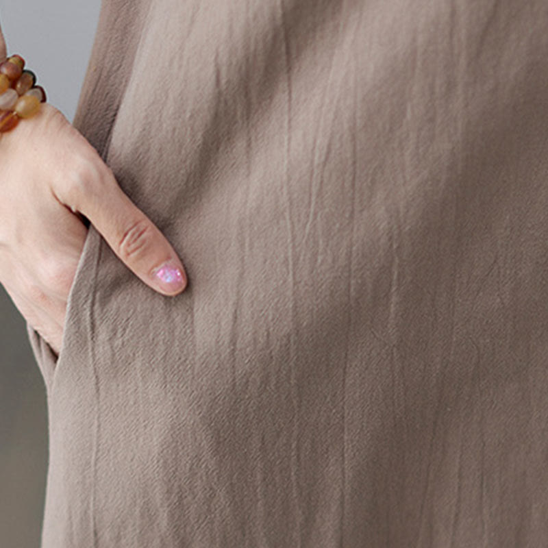 Sukienka midi z bawełny i lnu Buddha Stones, prosta, z krótkim rękawem i sznurowaniem po bokach, z klapami i kieszeniami - image 10