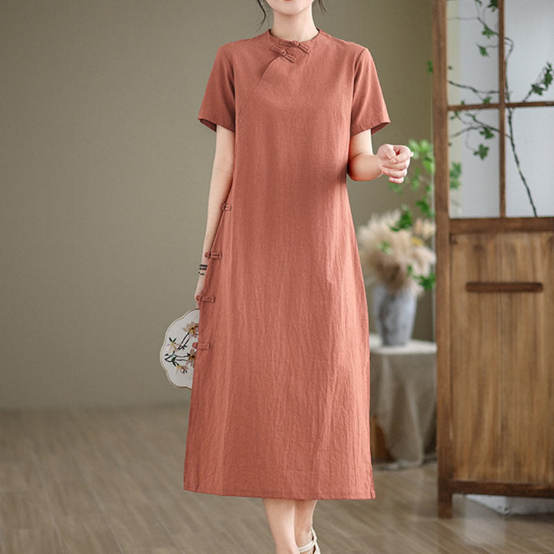 Buddha Stones Letnia Vintage Czysta Kolor Chiński Żaba-Guzik Cheongsam Qipao Sukienka Midi - DarkSalmon - US8-10，UK/AU12-14，EU40-42 (2XL) - image 0