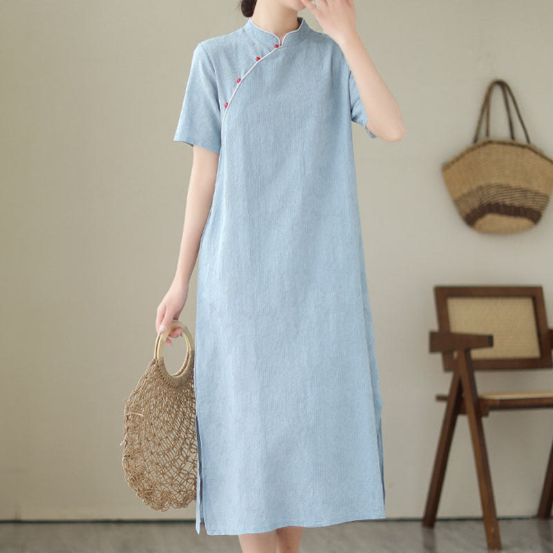 Sukienka midi w stylu qipao z krótkim rękawem i kieszeniami, wykonana z żakardu z jednolitych kolorów bawełny i lnu, ozdobiona Buddha Stones - LightSkyBlue - US8-10，UK/AU12-14，EU40-42 (2XL) - image 0