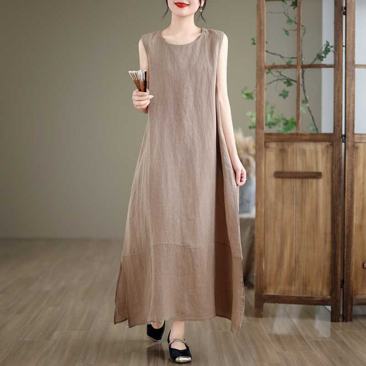 Sukienka midi Buddha Stones Spring, prosta, nieregularna, bez rękawów i kieszeniami - Ciemny Khaki - US8-10，UK/AU12-14，EU40-42 (2XL) - image 0