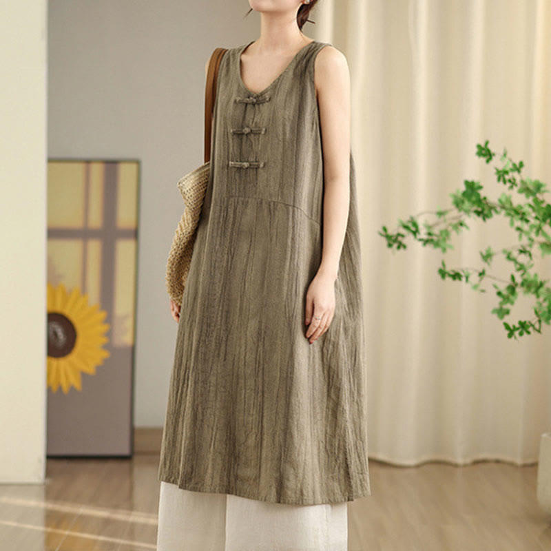 Sukienka midi z ramii z chińskimi guzikami żaby i Buddha Stones , swobodna, barwiona metodą tie-dye, z kieszeniami - Ciemny Khaki - US8-10，UK/AU12-14，EU40-42 (2XL) - image 9