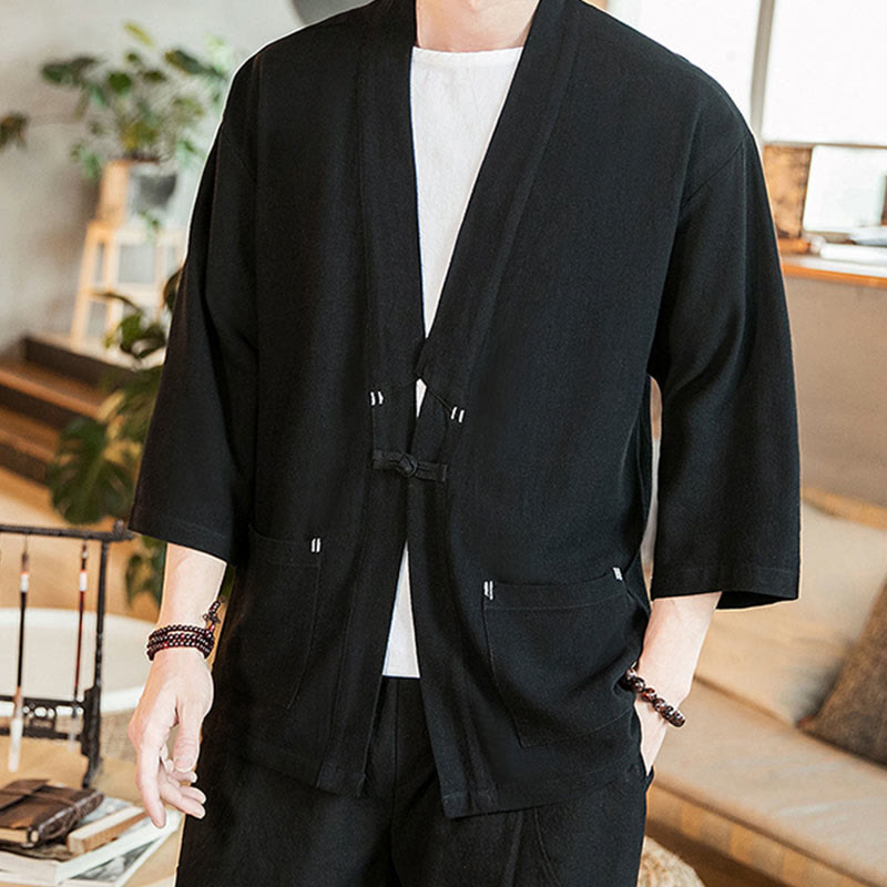 Buddha Stones, prosta chińska kurtka z żabą i guzikami, bawełniano-lniane, męska, kimono z rękawami trzy czwarte - image 11