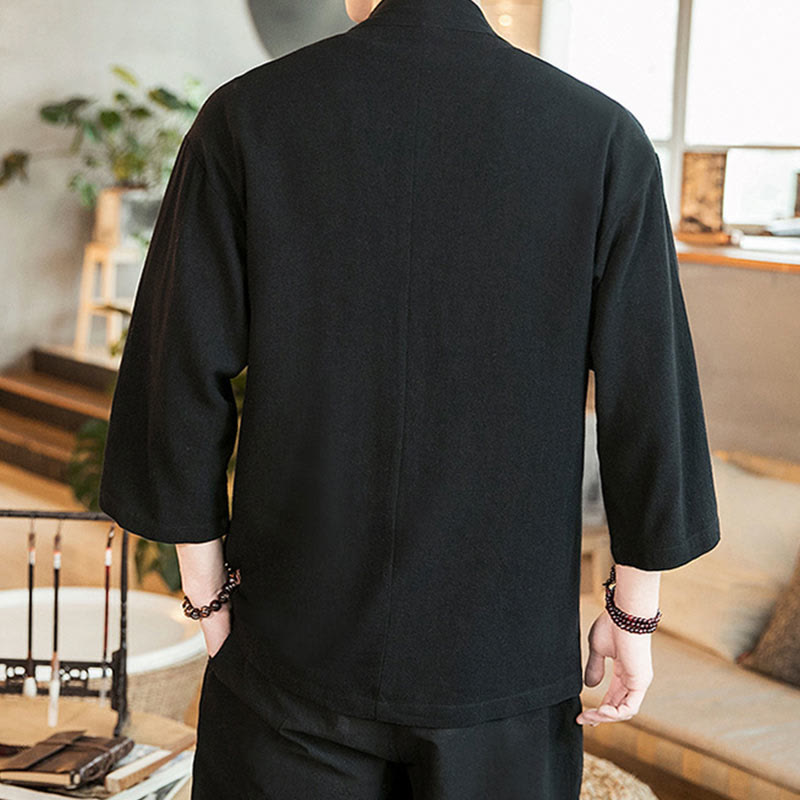 Buddha Stones, prosta chińska kurtka z żabą i guzikami, bawełniano-lniane, męska, kimono z rękawami trzy czwarte - image 12