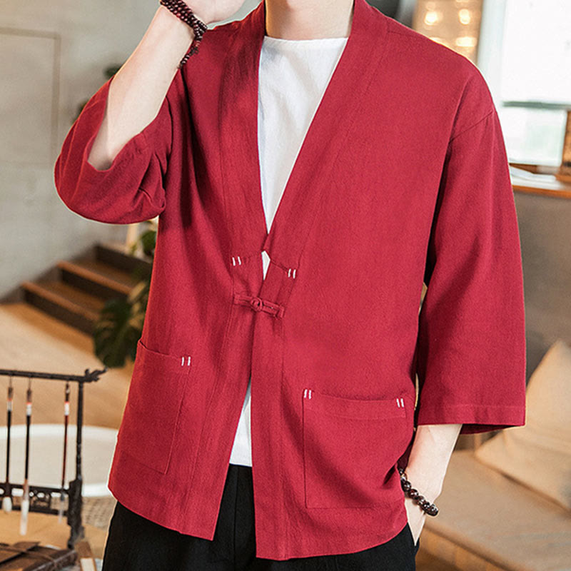 Buddha Stones, prosta chińska kurtka z żabą i guzikami, bawełniano-lniane, męska, kimono z rękawami trzy czwarte - image 22