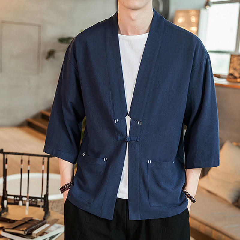 Buddha Stones, prosta chińska kurtka z żabą i guzikami, bawełniano-lniane, męska, kimono z rękawami trzy czwarte - Marynarka wojenna - US/UK/AU46， EU56 (5XL) - image 0