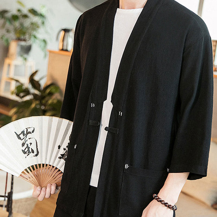 Buddha Stones, prosta chińska kurtka z żabą i guzikami, bawełniano-lniane, męska, kimono z rękawami trzy czwarte - image 14