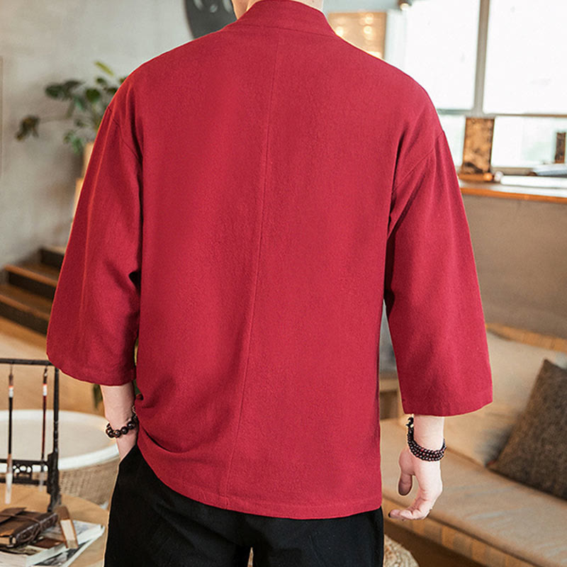 Buddha Stones, prosta chińska kurtka z żabą i guzikami, bawełniano-lniane, męska, kimono z rękawami trzy czwarte - image 26