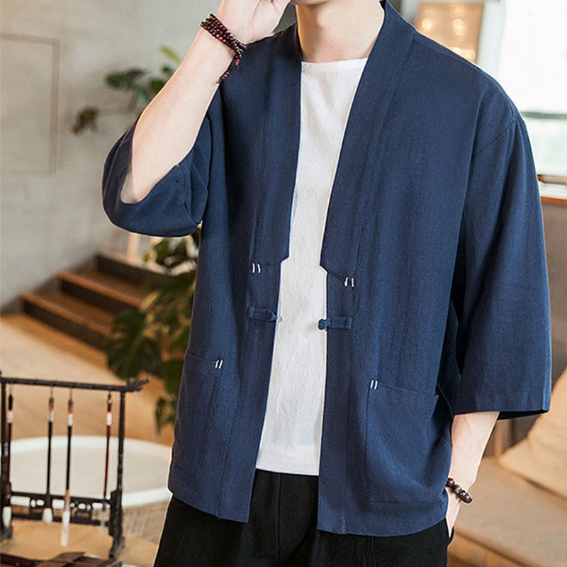 Buddha Stones, prosta chińska kurtka z żabą i guzikami, bawełniano-lniane, męska, kimono z rękawami trzy czwarte - image 1