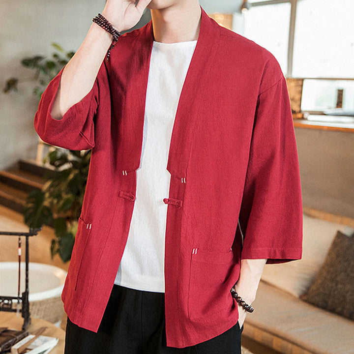 Buddha Stones, prosta chińska kurtka z żabą i guzikami, bawełniano-lniane, męska, kimono z rękawami trzy czwarte - image 23