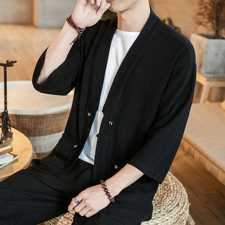 Buddha Stones, prosta chińska kurtka z żabą i guzikami, bawełniano-lniane, męska, kimono z rękawami trzy czwarte - Czarny - US/UK/AU46， EU56 (5XL) - image 8