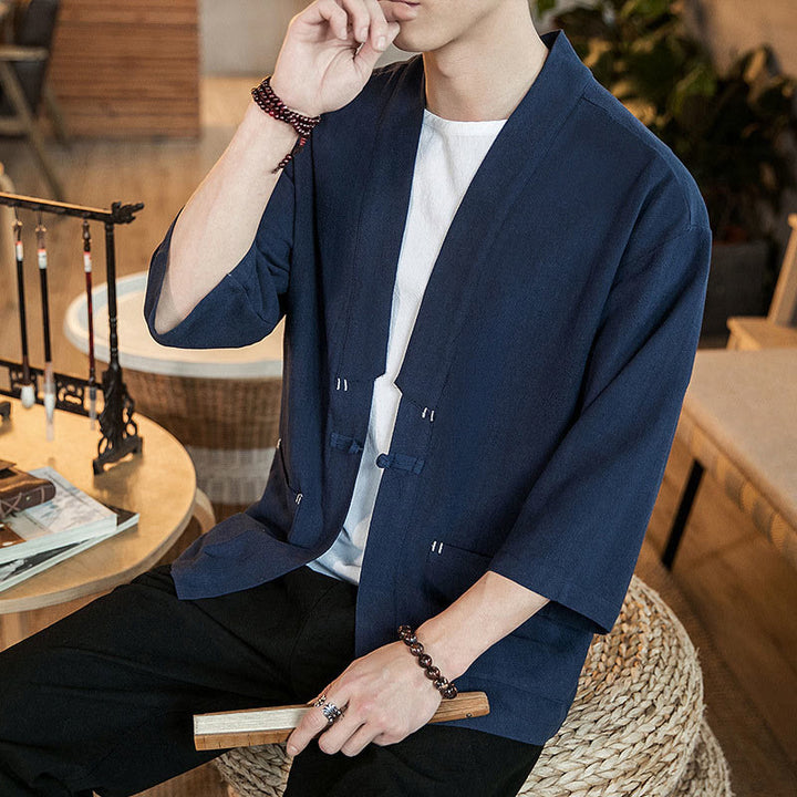 Buddha Stones, prosta chińska kurtka z żabą i guzikami, bawełniano-lniane, męska, kimono z rękawami trzy czwarte - image 7