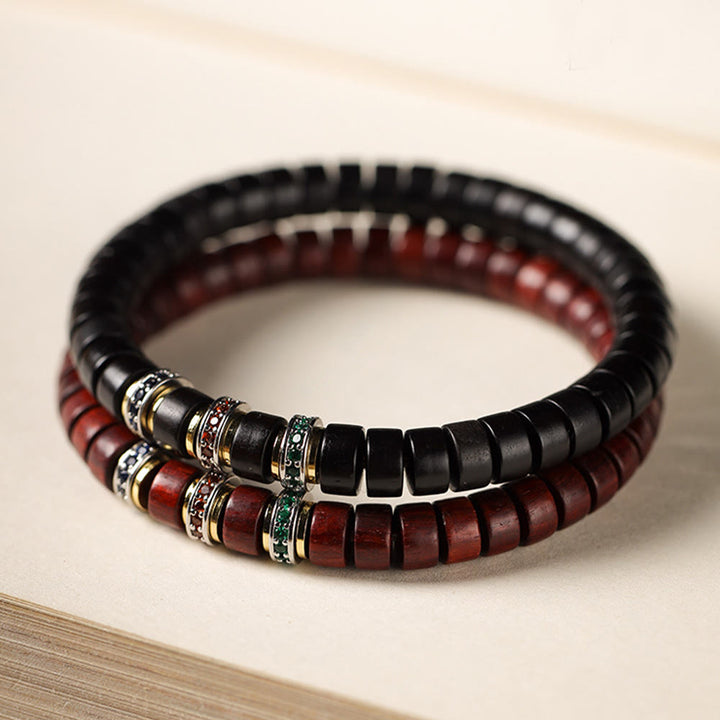 Bransoletka Buddha Stones Ebony Wood Small Leaf Red Sandałowiec Cyrkon Peace