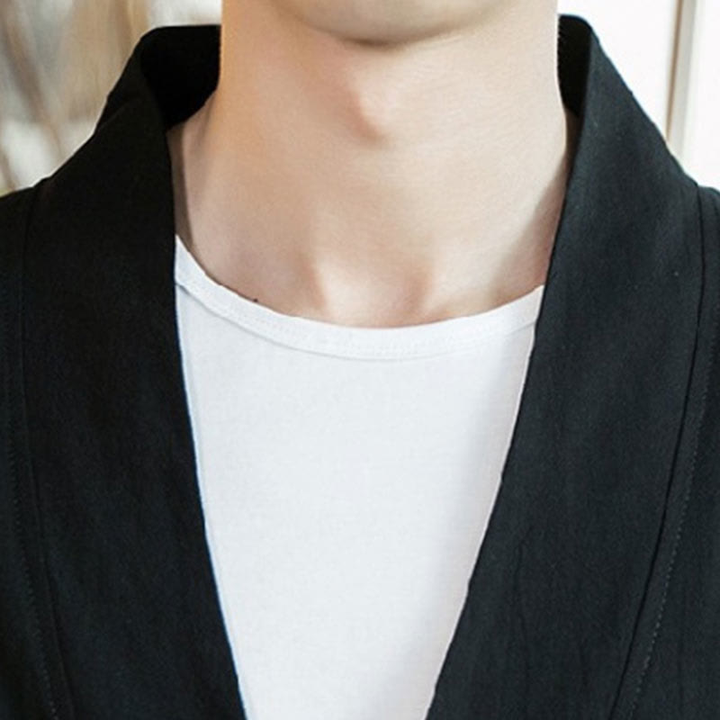 Męska kurtka z bawełny i lnu z haftowanymi Buddha Stones , z otwartym przodem i rękawami trzy czwarte, kimono - image 14