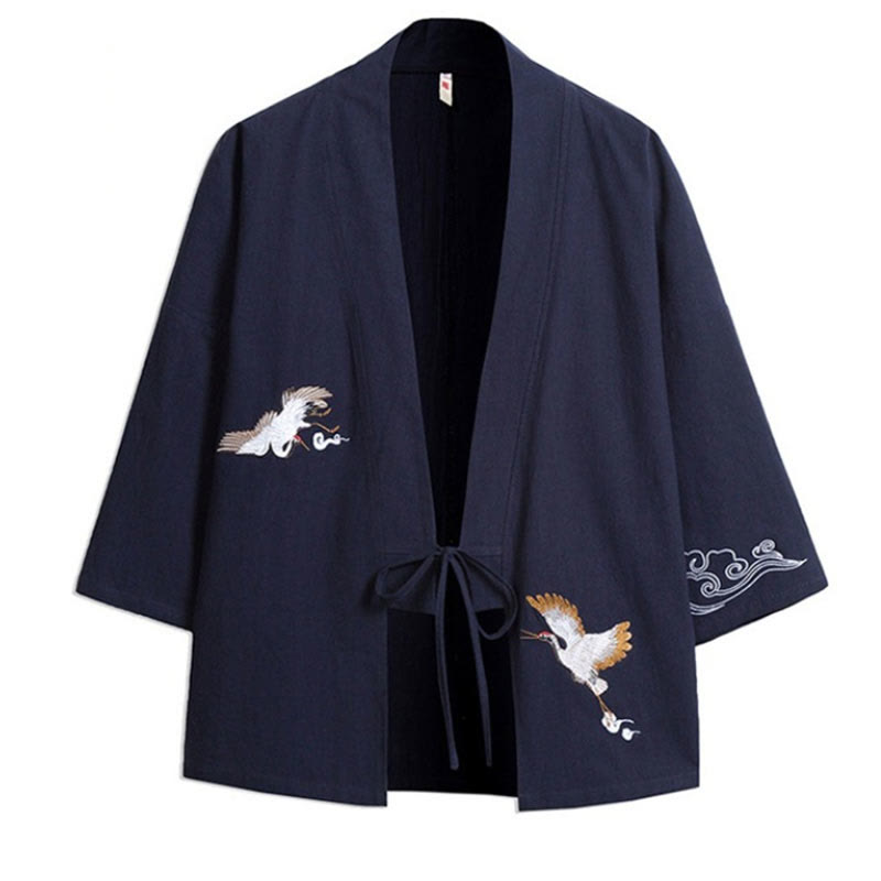 Męska kurtka z bawełny i lnu z haftowanymi Buddha Stones , z otwartym przodem i rękawami trzy czwarte, kimono - image 8