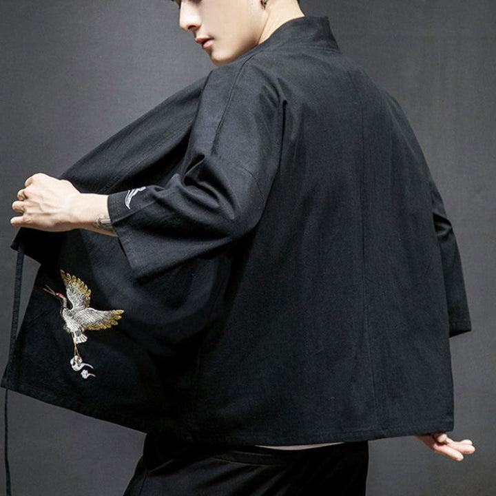 Męska kurtka z bawełny i lnu z haftowanymi Buddha Stones , z otwartym przodem i rękawami trzy czwarte, kimono - image 12