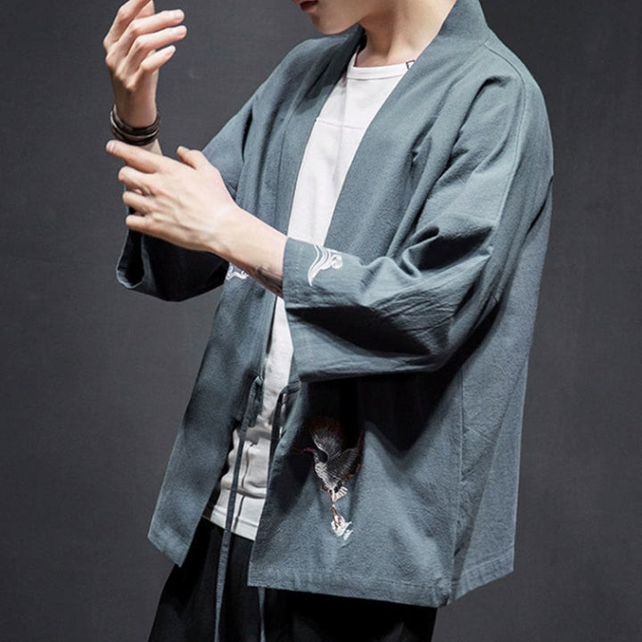 Męska kurtka z bawełny i lnu z haftowanymi Buddha Stones , z otwartym przodem i rękawami trzy czwarte, kimono - image 28