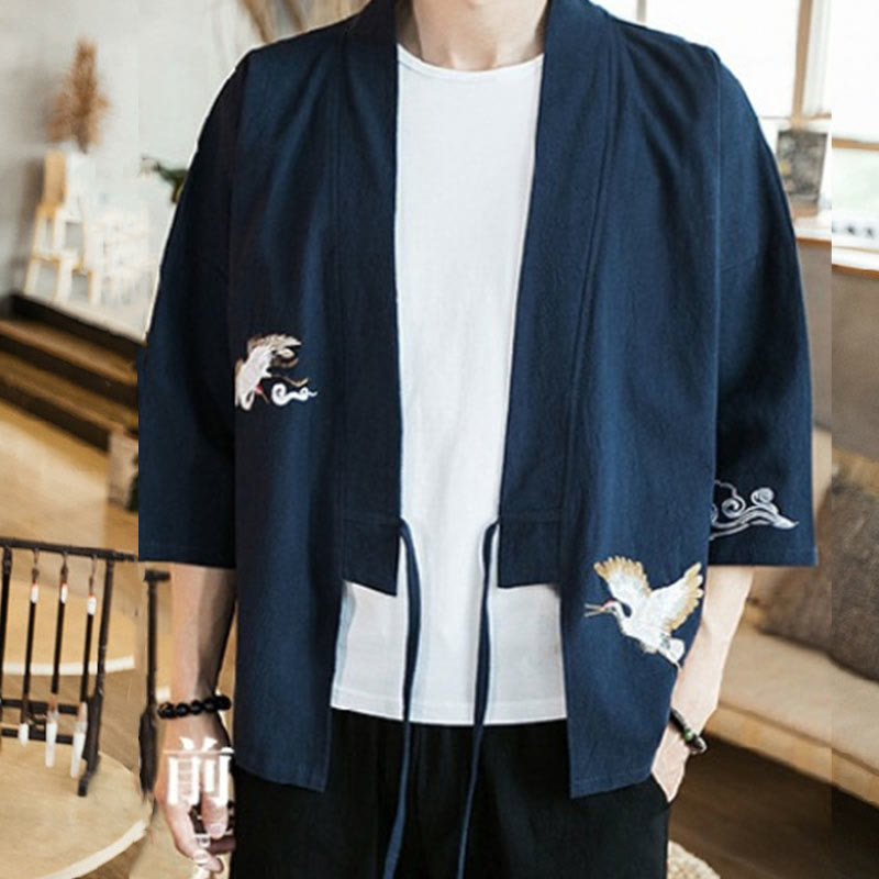 Męska kurtka z bawełny i lnu z haftowanymi Buddha Stones , z otwartym przodem i rękawami trzy czwarte, kimono - image 3