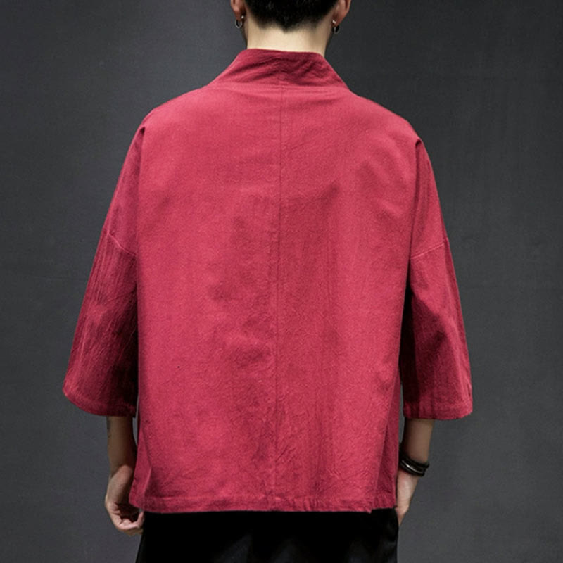 Męska kurtka z bawełny i lnu z haftowanymi Buddha Stones , z otwartym przodem i rękawami trzy czwarte, kimono - image 21