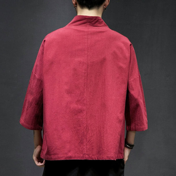 Męska kurtka z bawełny i lnu z haftowanymi Buddha Stones , z otwartym przodem i rękawami trzy czwarte, kimono - image 21