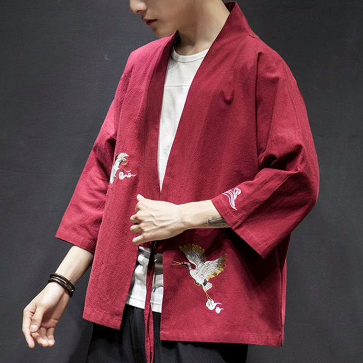 Męska kurtka z bawełny i lnu z haftowanymi Buddha Stones , z otwartym przodem i rękawami trzy czwarte, kimono - image 20