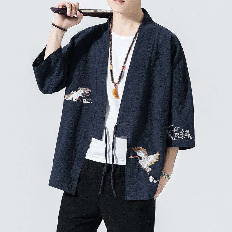 Męska kurtka z bawełny i lnu z haftowanymi Buddha Stones , z otwartym przodem i rękawami trzy czwarte, kimono - Marynarka wojenna - US/UK/AU46， EU56 (5XL) - image 0