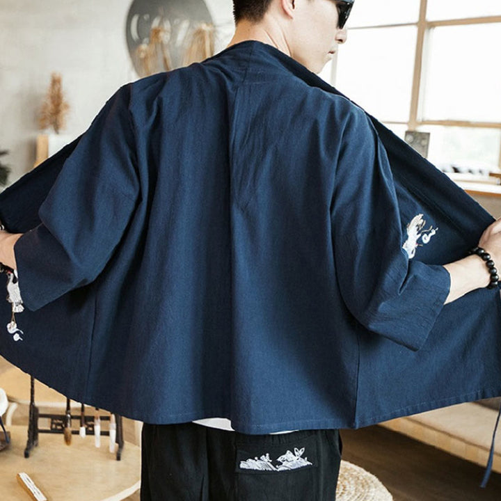 Męska kurtka z bawełny i lnu z haftowanymi Buddha Stones , z otwartym przodem i rękawami trzy czwarte, kimono - image 4