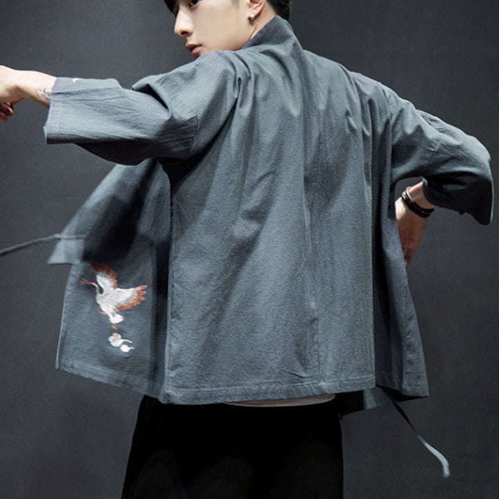 Męska kurtka z bawełny i lnu z haftowanymi Buddha Stones , z otwartym przodem i rękawami trzy czwarte, kimono - image 26