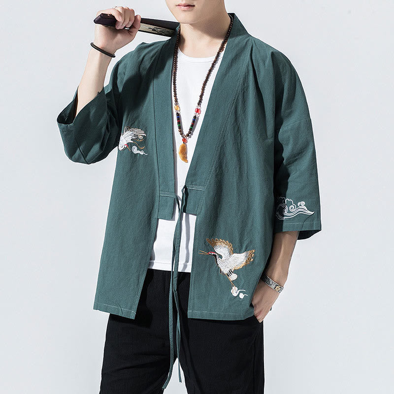 Męska kurtka z bawełny i lnu z haftowanymi Buddha Stones , z otwartym przodem i rękawami trzy czwarte, kimono - CadetBlue - US/UK/AU46， EU56 (5XL) - image 24