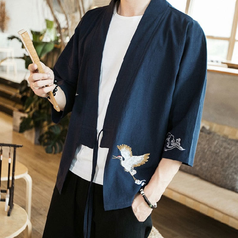 Męska kurtka z bawełny i lnu z haftowanymi Buddha Stones , z otwartym przodem i rękawami trzy czwarte, kimono - image 2