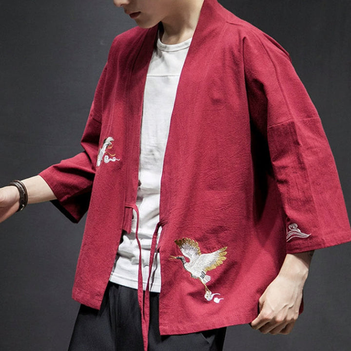 Męska kurtka z bawełny i lnu z haftowanymi Buddha Stones , z otwartym przodem i rękawami trzy czwarte, kimono - image 19
