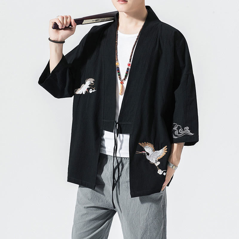 Męska kurtka z bawełny i lnu z haftowanymi Buddha Stones , z otwartym przodem i rękawami trzy czwarte, kimono - Czarny - US/UK/AU46， EU56 (5XL) - image 10