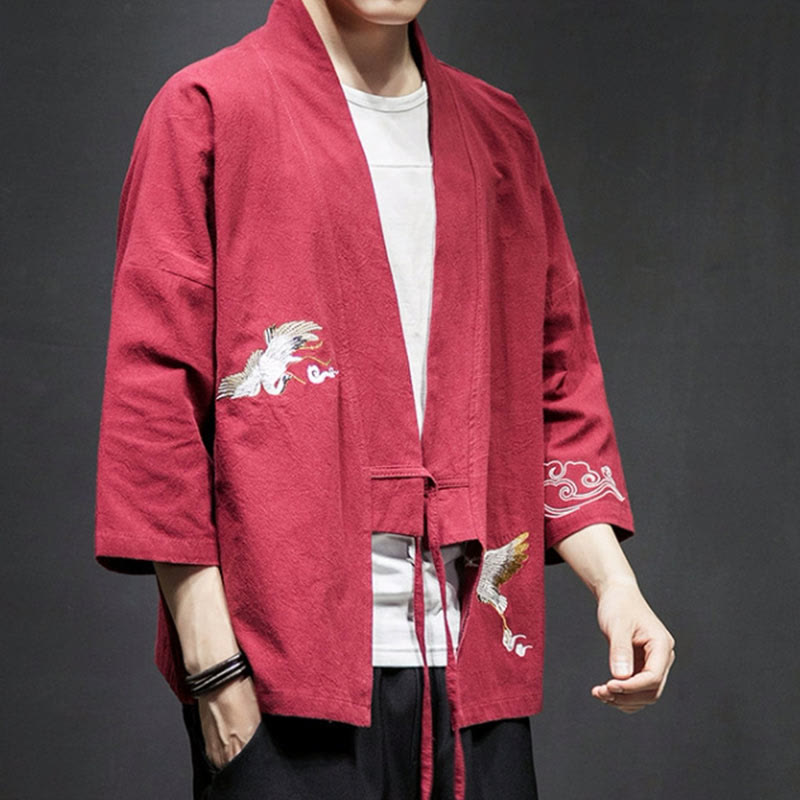Męska kurtka z bawełny i lnu z haftowanymi Buddha Stones , z otwartym przodem i rękawami trzy czwarte, kimono - image 22