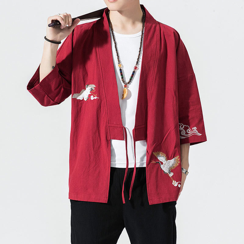 Męska kurtka z bawełny i lnu z haftowanymi Buddha Stones , z otwartym przodem i rękawami trzy czwarte, kimono - Karmazynowy - US/UK/AU46， EU56 (5XL) - image 18