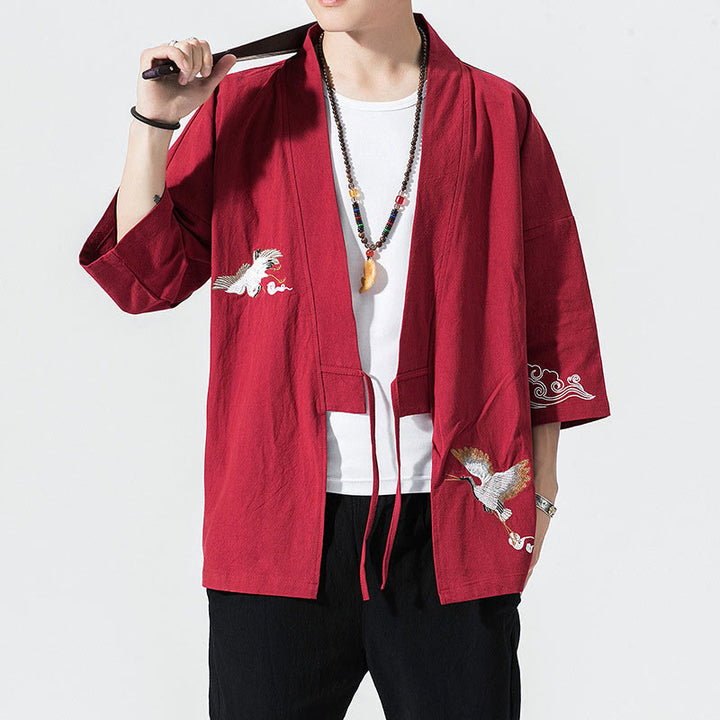 Męska kurtka z bawełny i lnu z haftowanymi Buddha Stones , z otwartym przodem i rękawami trzy czwarte, kimono - Karmazynowy - US/UK/AU46， EU56 (5XL) - image 18