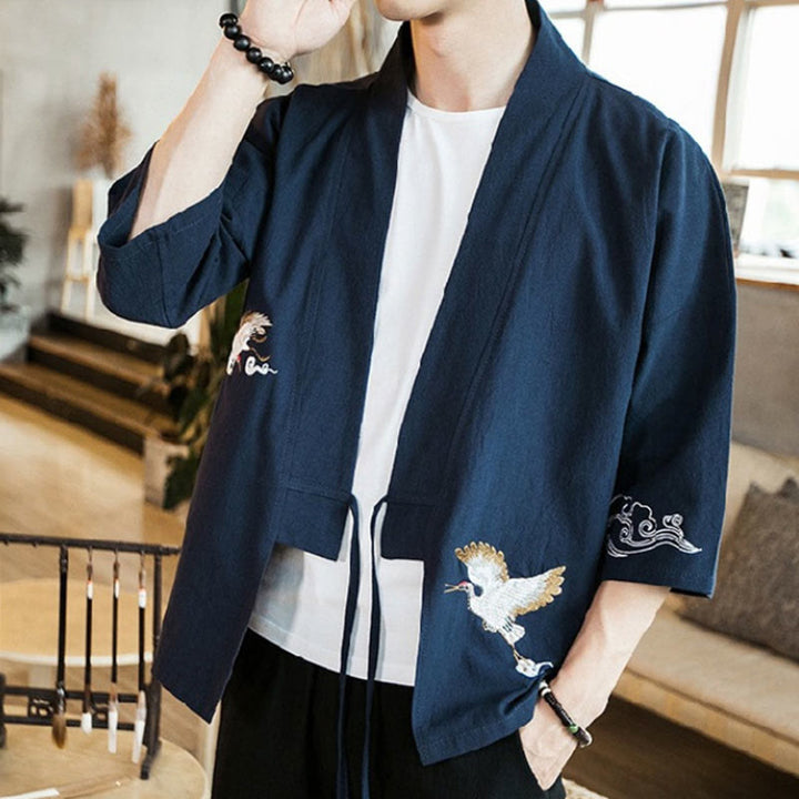 Męska kurtka z bawełny i lnu z haftowanymi Buddha Stones , z otwartym przodem i rękawami trzy czwarte, kimono - image 5