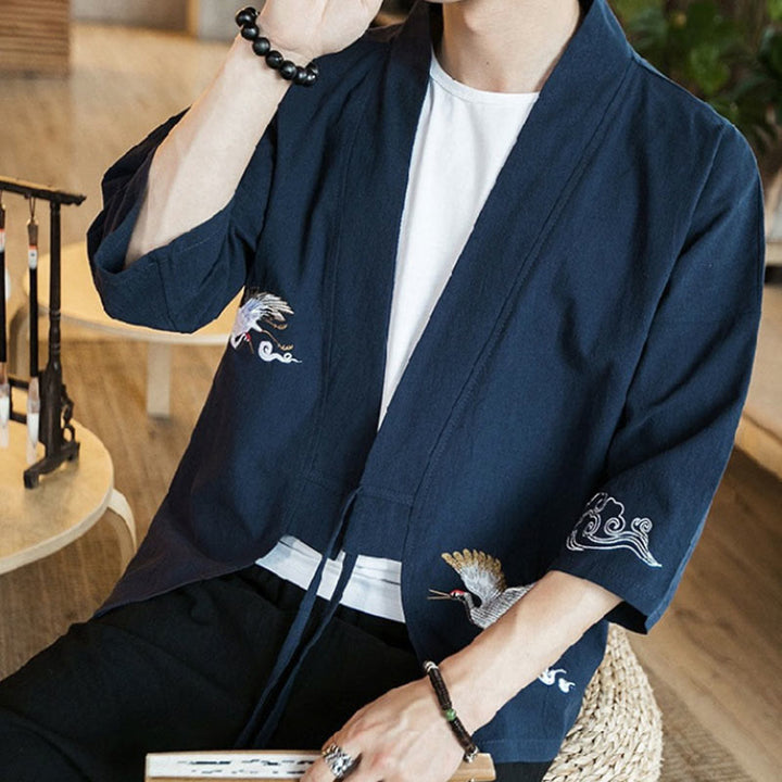 Męska kurtka z bawełny i lnu z haftowanymi Buddha Stones , z otwartym przodem i rękawami trzy czwarte, kimono - image 7