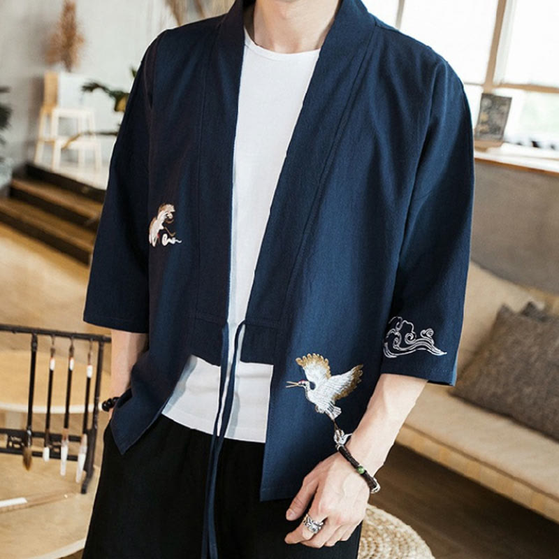 Męska kurtka z bawełny i lnu z haftowanymi Buddha Stones , z otwartym przodem i rękawami trzy czwarte, kimono - image 6