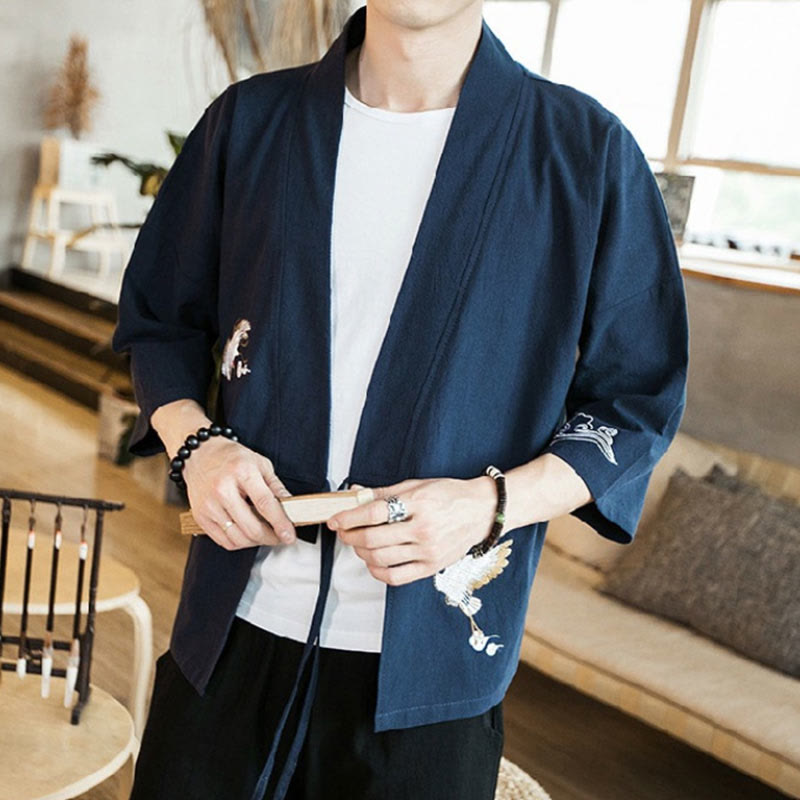 Męska kurtka z bawełny i lnu z haftowanymi Buddha Stones , z otwartym przodem i rękawami trzy czwarte, kimono - image 1