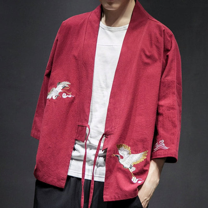Męska kurtka z bawełny i lnu z haftowanymi Buddha Stones , z otwartym przodem i rękawami trzy czwarte, kimono - image 23