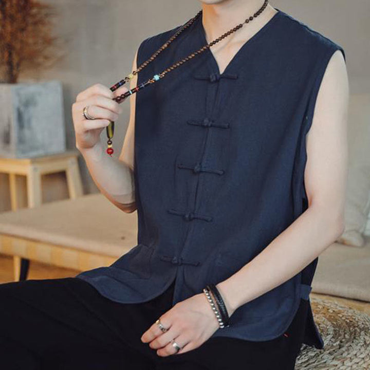 Buddha Stones Casual Chiński Żabka-Guzik Męska Bawełniana Kamizelka Kamizelka Z Kieszeniami