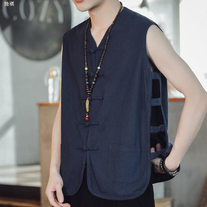 Buddha Stones Casual Chiński Żabka-Guzik Męska Bawełniana Kamizelka Kamizelka Z Kieszeniami